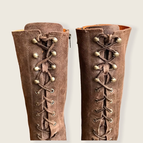 Frye Vintage Lace Up Knee-High Suede Brown Leather Block Heel Equestrian Boots - Picture 10 of 16
